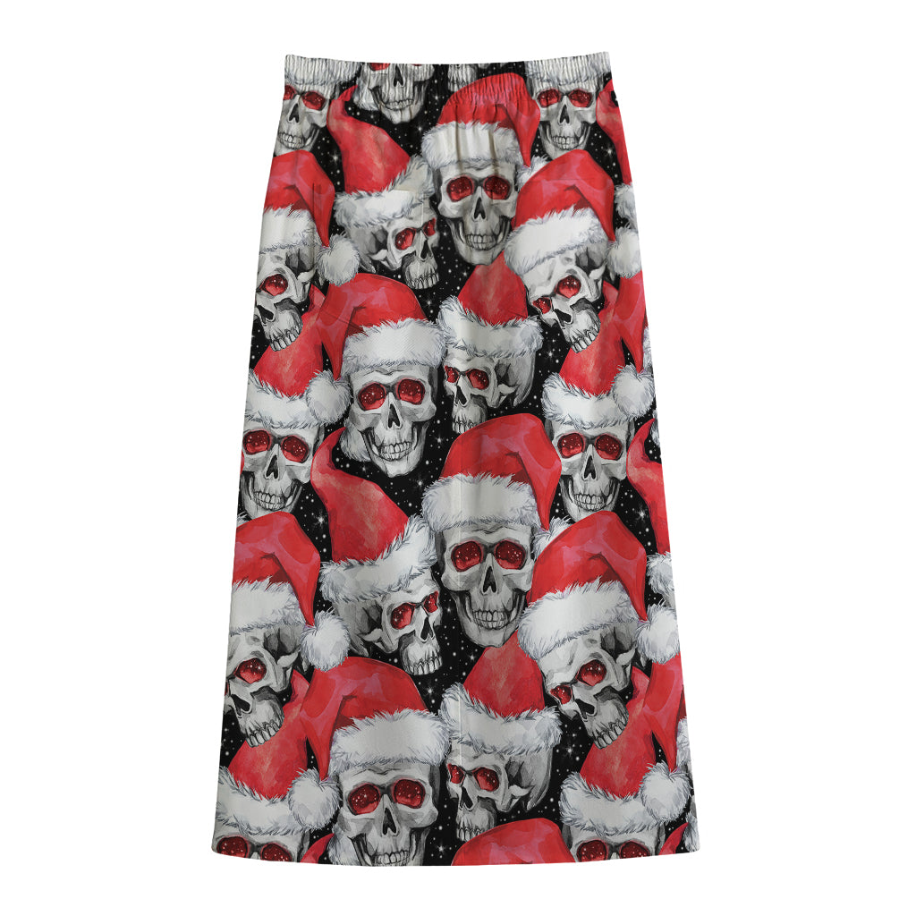Christmas Santa Skull Pattern Print Cotton Front Slit Maxi Skirt
