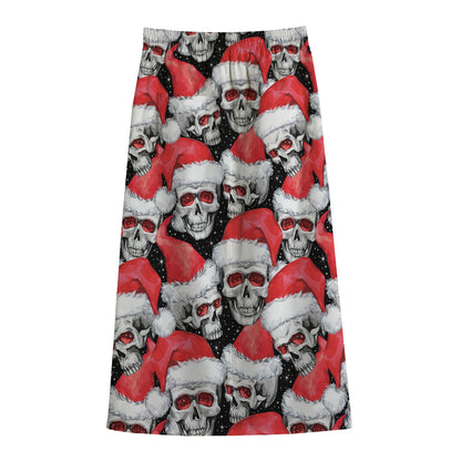 Christmas Santa Skull Pattern Print Cotton Front Slit Maxi Skirt