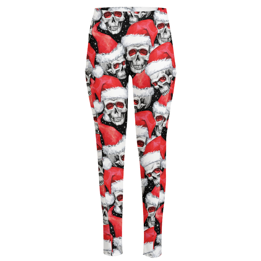 Christmas Santa Skull Pattern Print High-Waisted Pocket Leggings