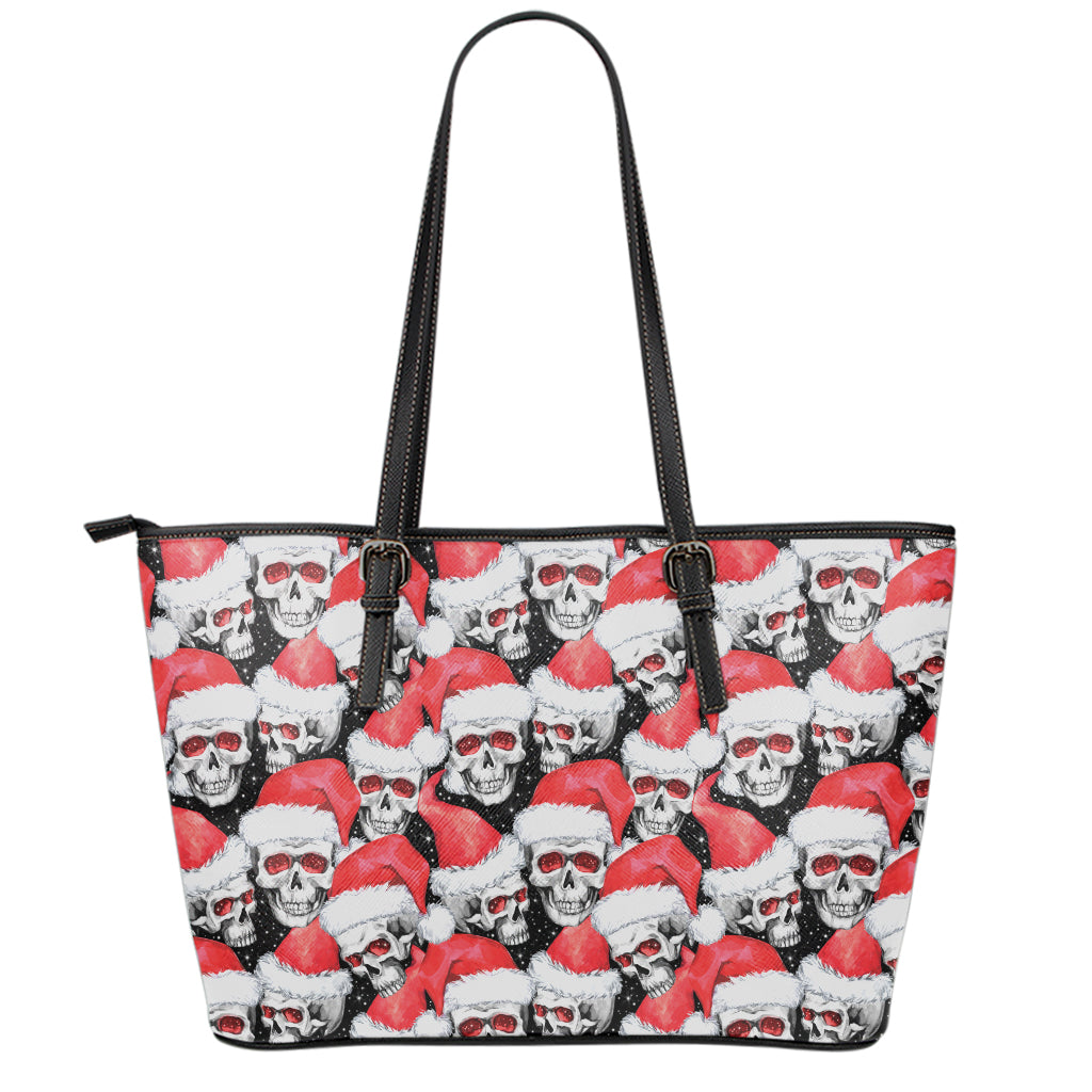 Christmas Santa Skull Pattern Print Leather Tote Bag