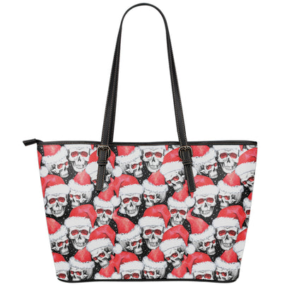 Christmas Santa Skull Pattern Print Leather Tote Bag