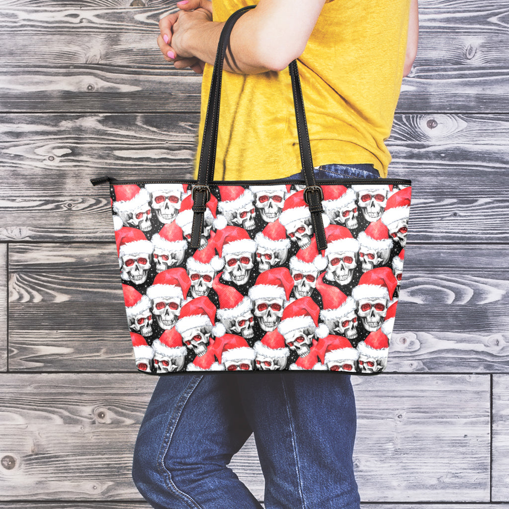 Christmas Santa Skull Pattern Print Leather Tote Bag