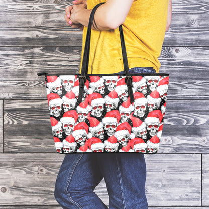Christmas Santa Skull Pattern Print Leather Tote Bag