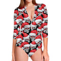Christmas Santa Skull Pattern Print Long Sleeve Swimsuit