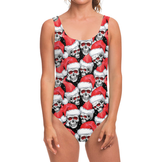 Christmas Santa Skull Pattern Print One Piece Swimsuit