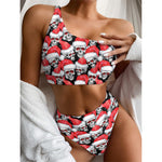 Christmas Santa Skull Pattern Print One Shoulder Bikini Top