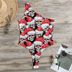 Christmas Santa Skull Pattern Print One Shoulder Bodysuit