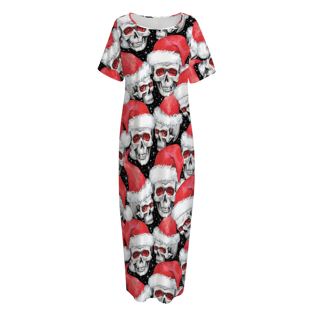 Christmas Santa Skull Pattern Print Short Sleeve Long Nightdress