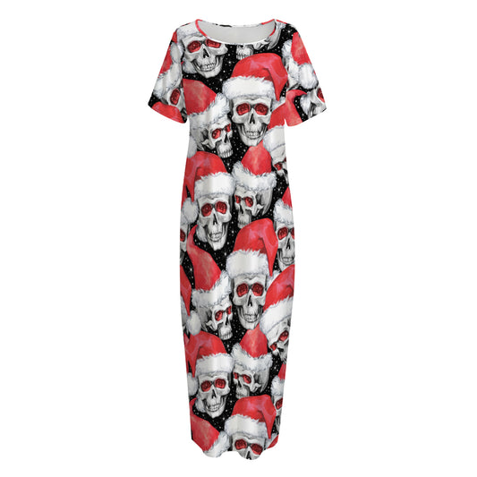 Christmas Santa Skull Pattern Print Short Sleeve Long Nightdress