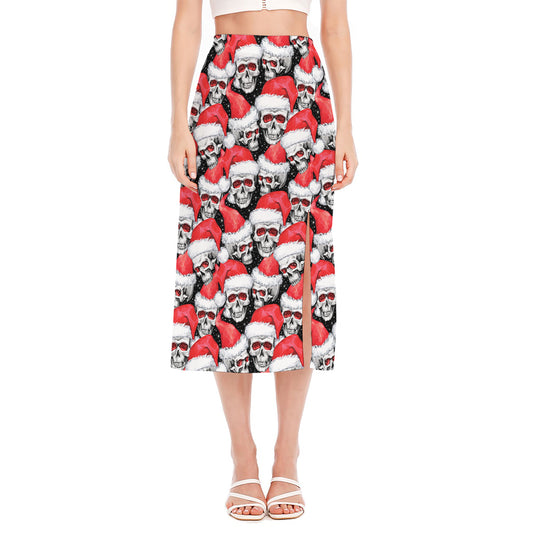 Christmas Santa Skull Pattern Print Side Slit Midi Skirt