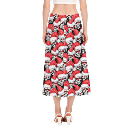 Christmas Santa Skull Pattern Print Side Slit Midi Skirt