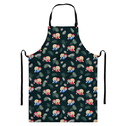 Christmas Sleeping Sloths Pattern Print Bib Apron With Pocket