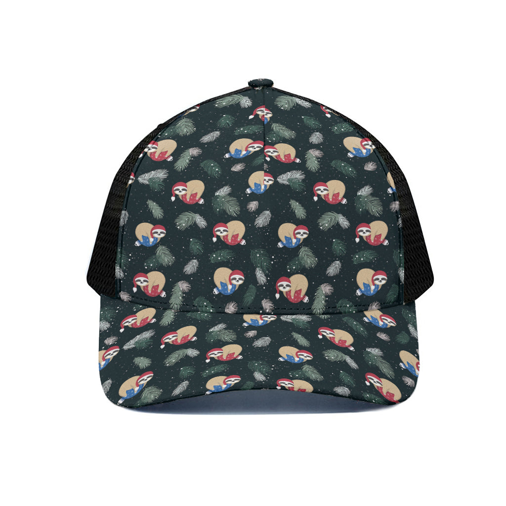 Christmas Sleeping Sloths Pattern Print Black Mesh Trucker Cap