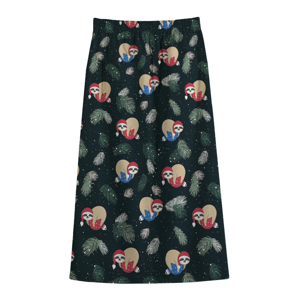 Christmas Sleeping Sloths Pattern Print Cotton Front Slit Maxi Skirt