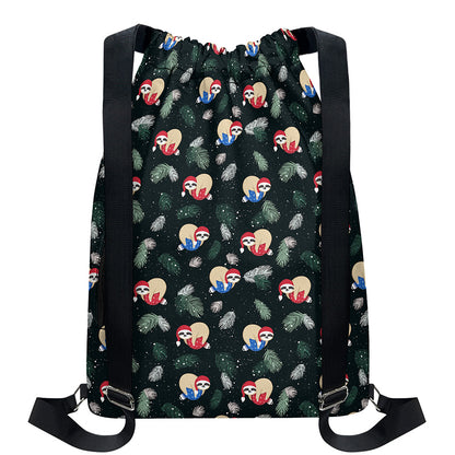 Christmas Sleeping Sloths Pattern Print Drawstring Backpack