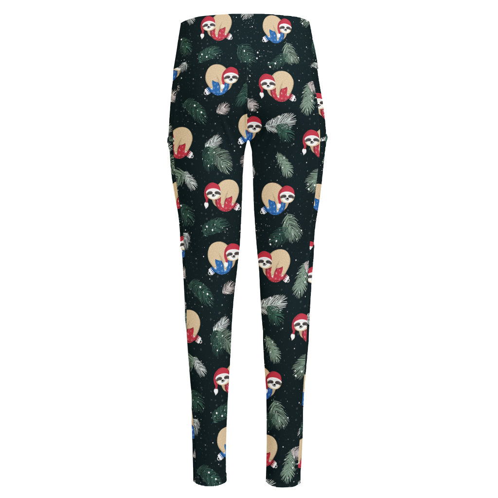 Christmas Sleeping Sloths Pattern Print High-Waisted Pocket Leggings