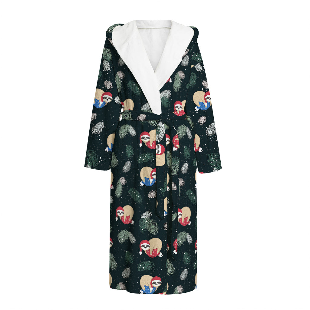 Christmas Sleeping Sloths Pattern Print Hooded Bathrobe