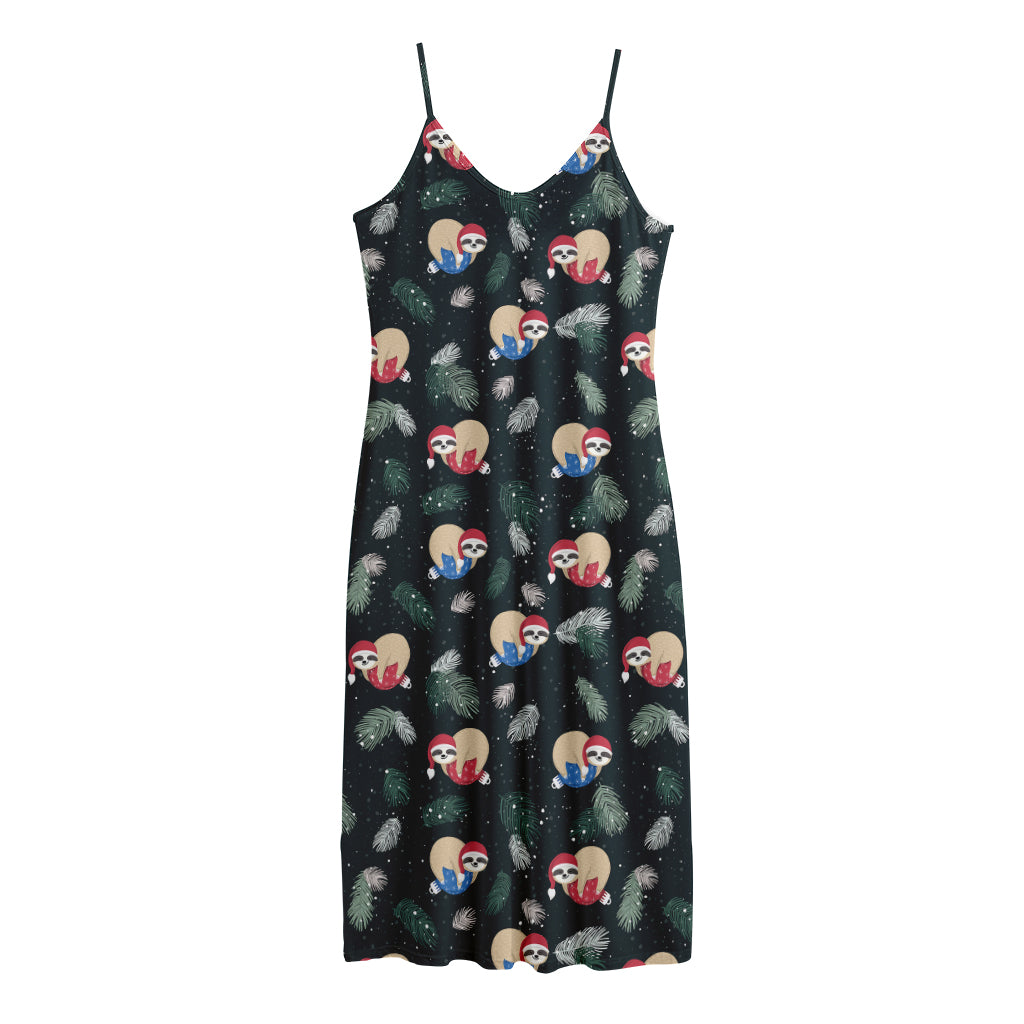 Christmas Sleeping Sloths Pattern Print Jersey Midi Cami Dress