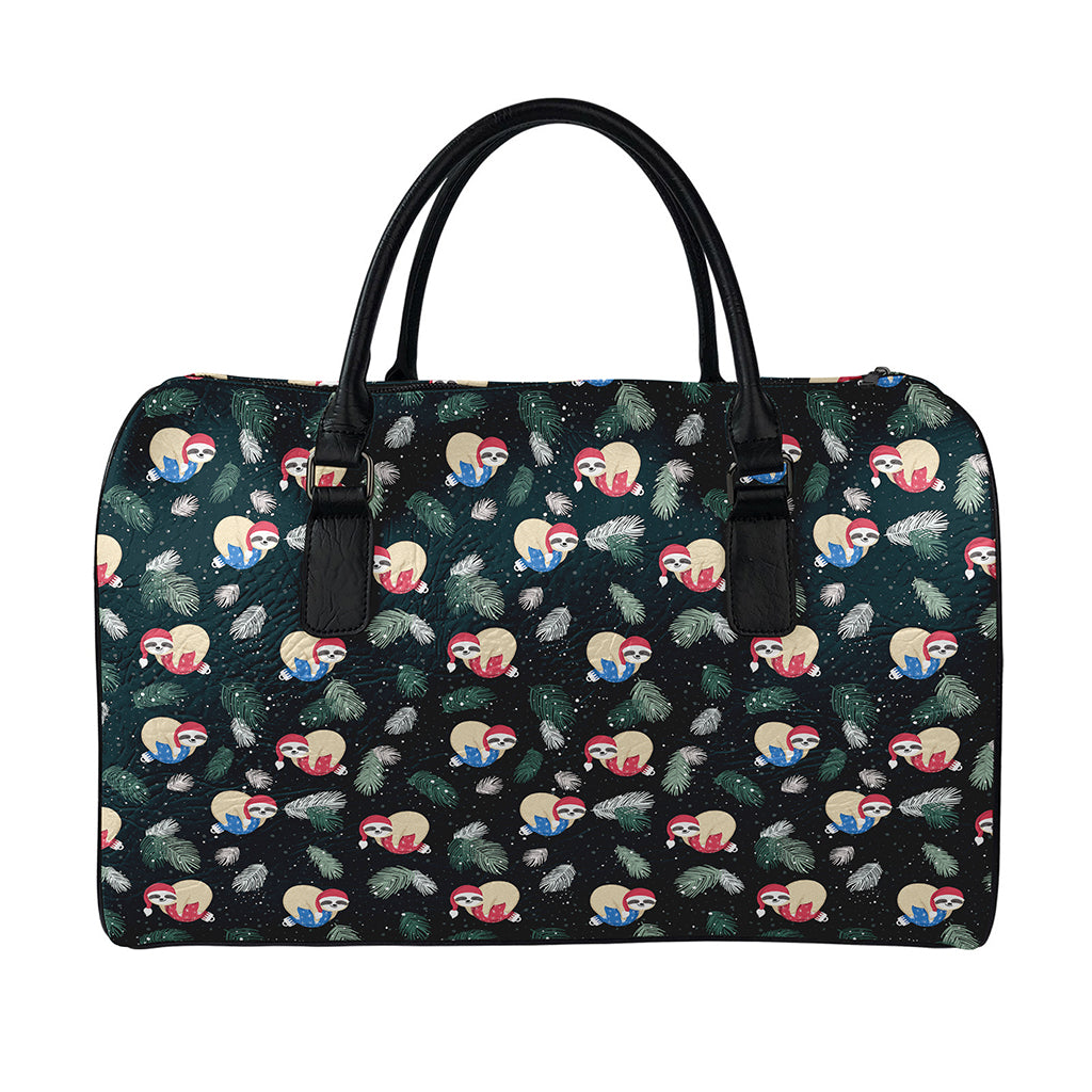 Christmas Sleeping Sloths Pattern Print Leather Duffle Bag