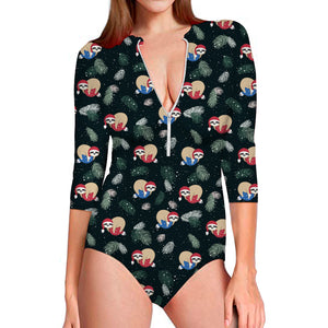 Christmas Sleeping Sloths Pattern Print Long Sleeve Swimsuit