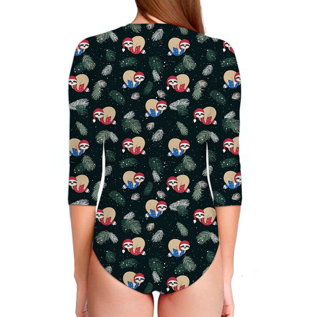 Christmas Sleeping Sloths Pattern Print Long Sleeve Swimsuit