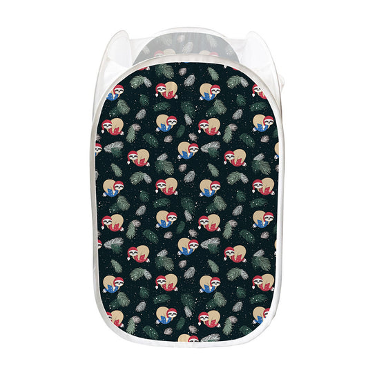 Christmas Sleeping Sloths Pattern Print Mesh Laundry Hamper