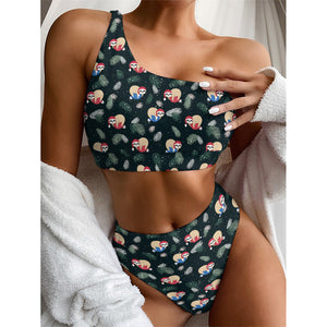 Christmas Sleeping Sloths Pattern Print One Shoulder Bikini Top