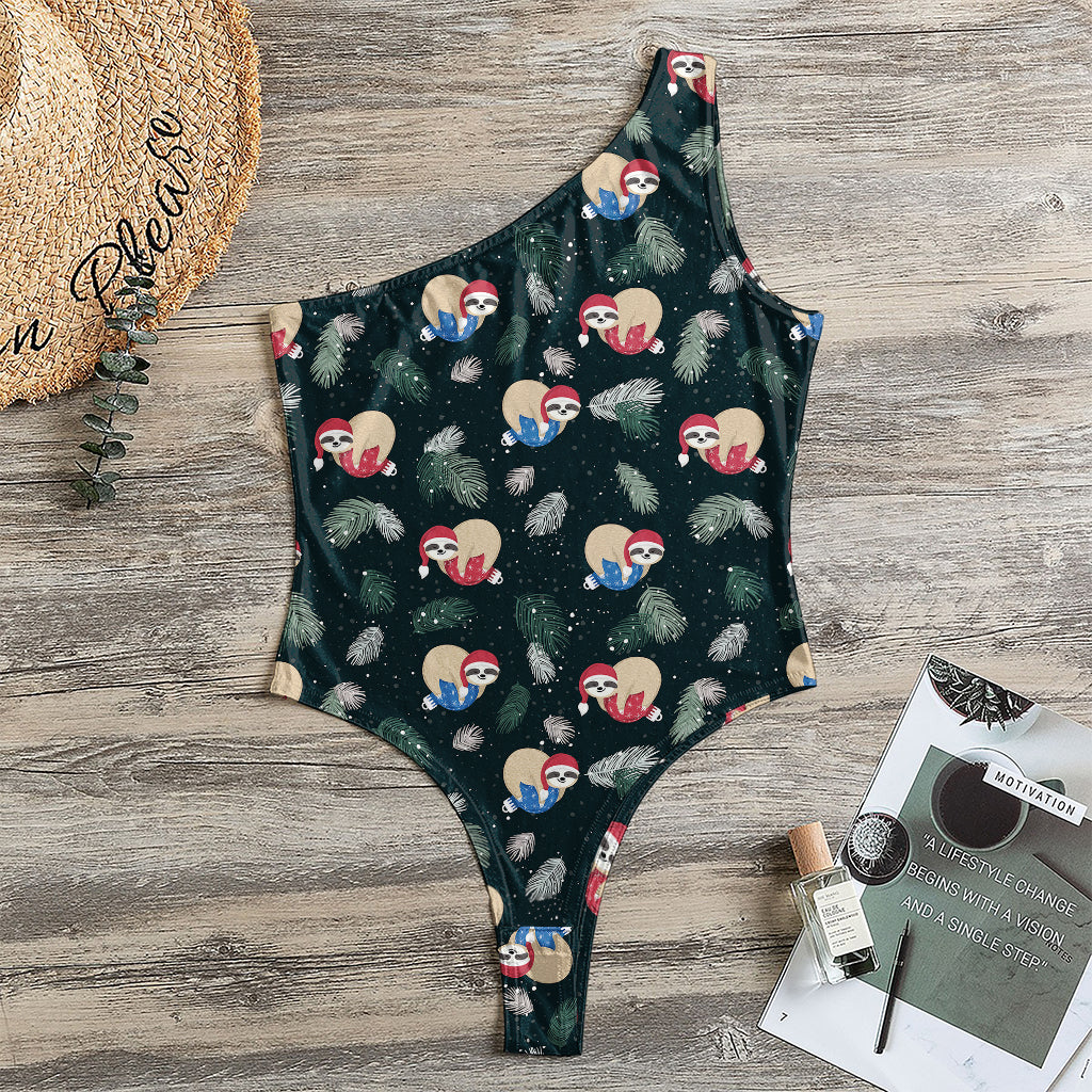 Christmas Sleeping Sloths Pattern Print One Shoulder Bodysuit