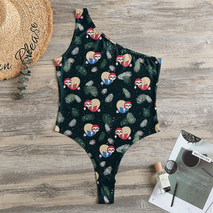 Christmas Sleeping Sloths Pattern Print One Shoulder Bodysuit