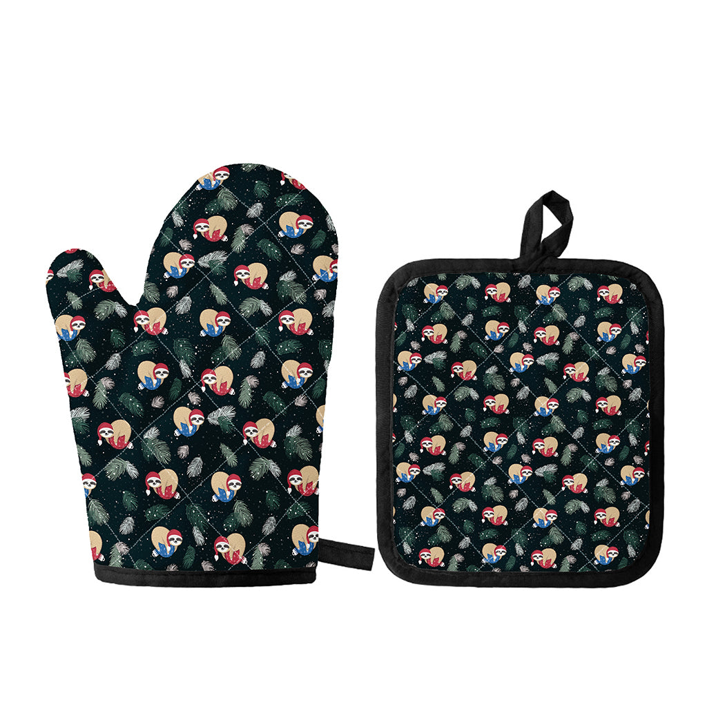 Christmas Sleeping Sloths Pattern Print Oven Mitt And Pot Holder Set