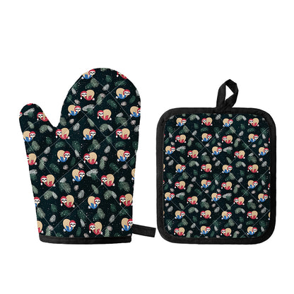Christmas Sleeping Sloths Pattern Print Oven Mitt And Pot Holder Set