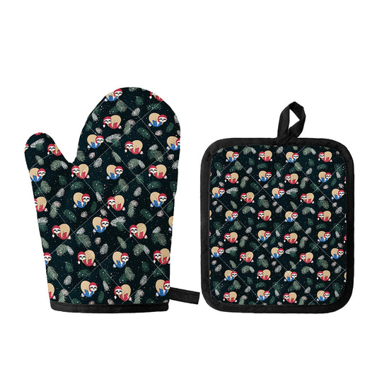 Christmas Sleeping Sloths Pattern Print Oven Mitt And Pot Holder Set