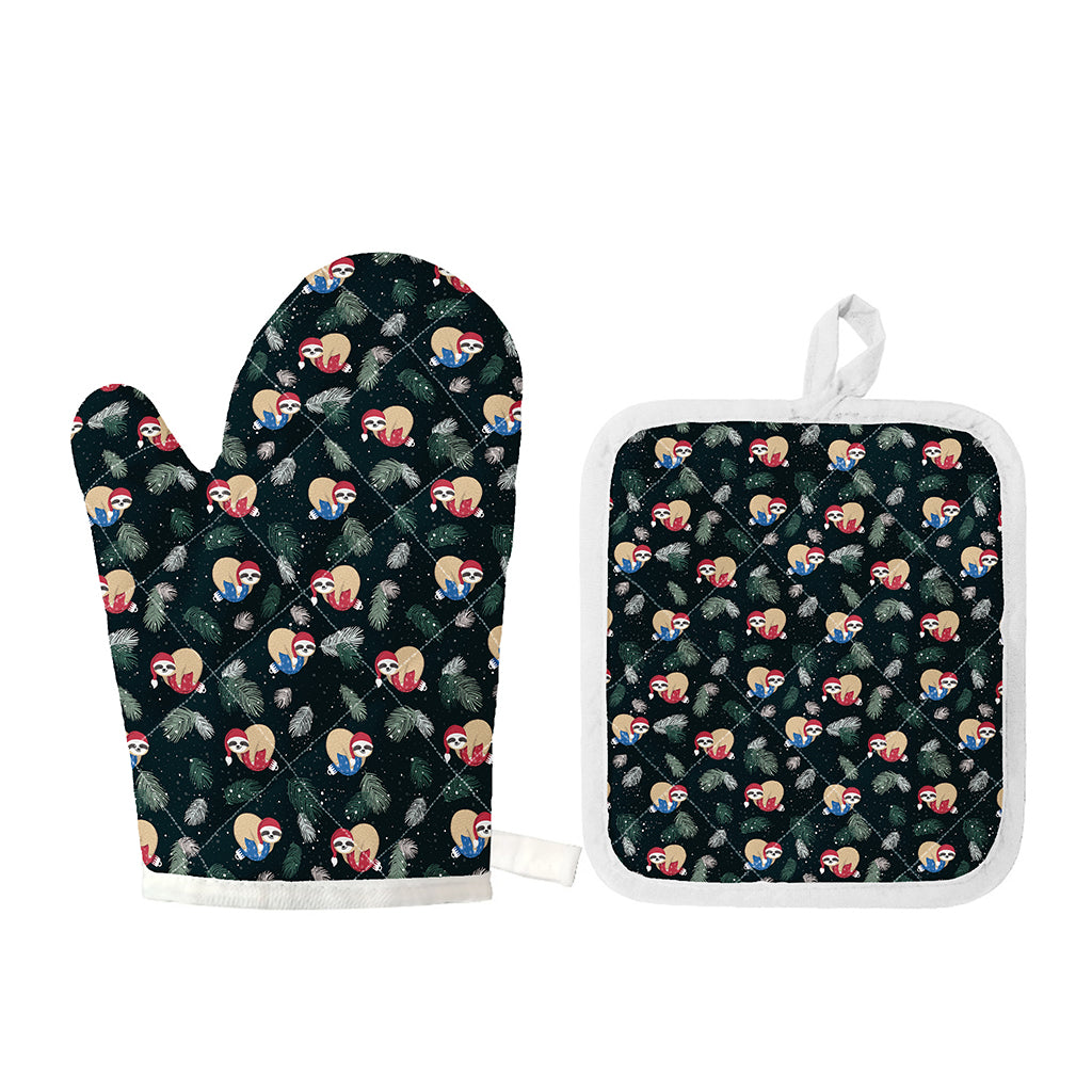 Christmas Sleeping Sloths Pattern Print Oven Mitt And Pot Holder Set