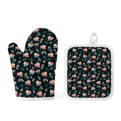 Christmas Sleeping Sloths Pattern Print Oven Mitt And Pot Holder Set