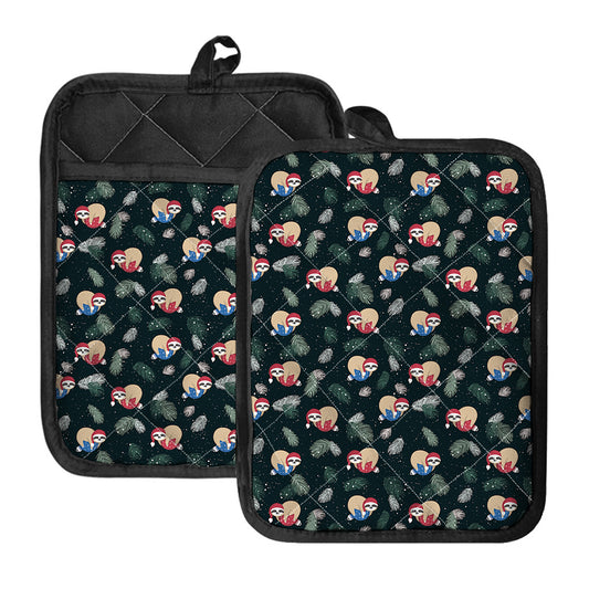 Christmas Sleeping Sloths Pattern Print Pot Holders With Pocket