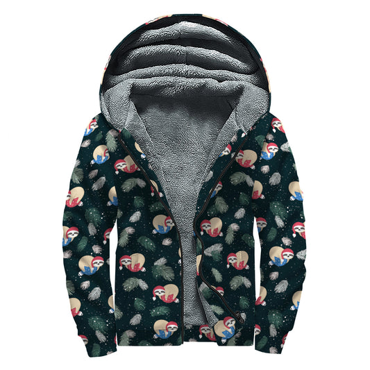 Christmas Sleeping Sloths Pattern Print Sherpa Lined Zip Up Hoodie