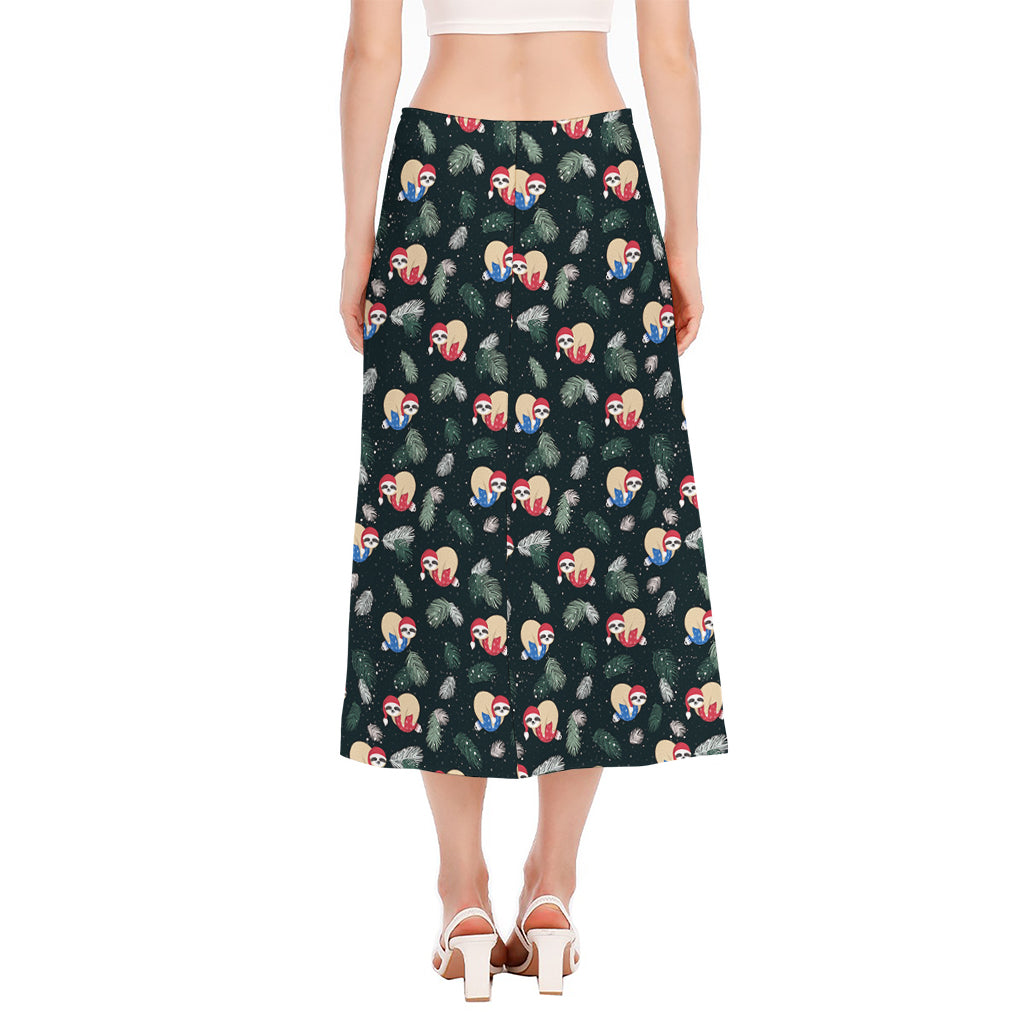 Christmas Sleeping Sloths Pattern Print Side Slit Midi Skirt