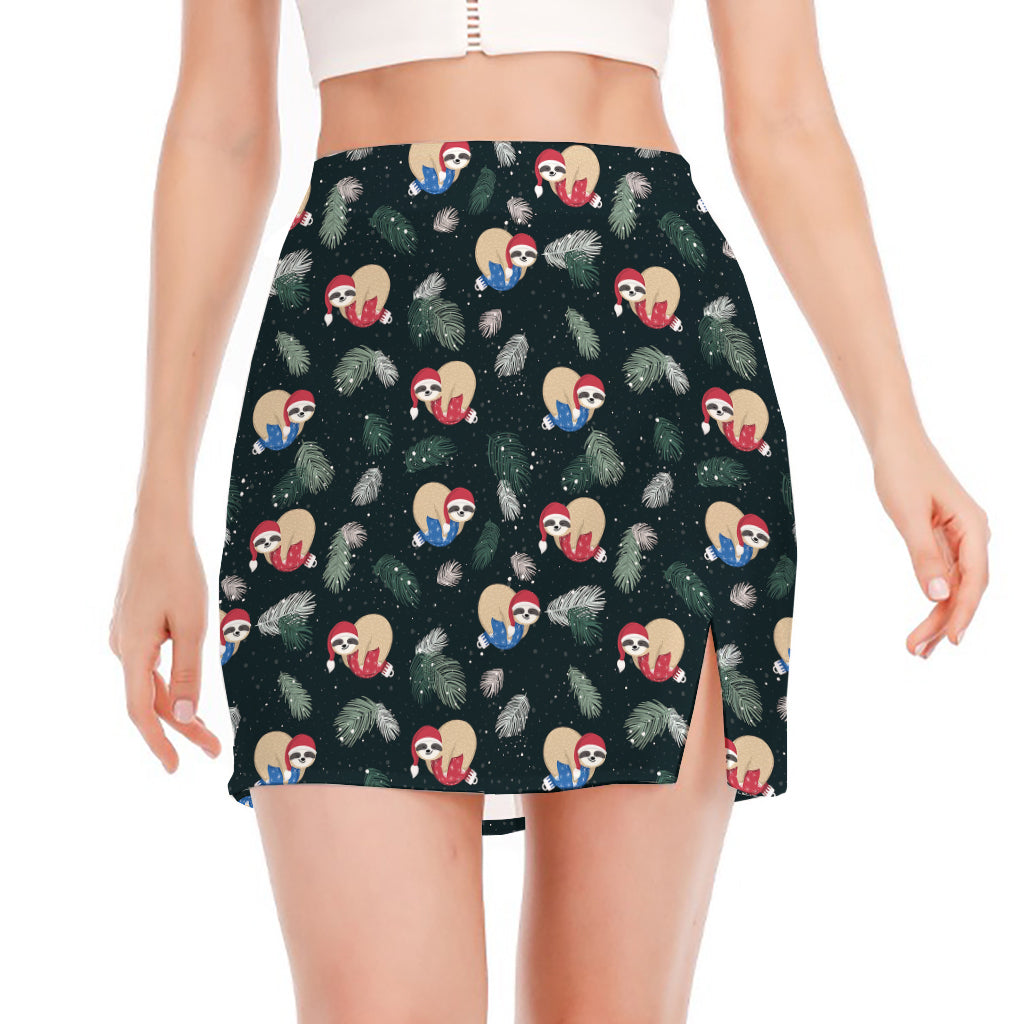 Christmas Sleeping Sloths Pattern Print Side Slit Mini Skirt