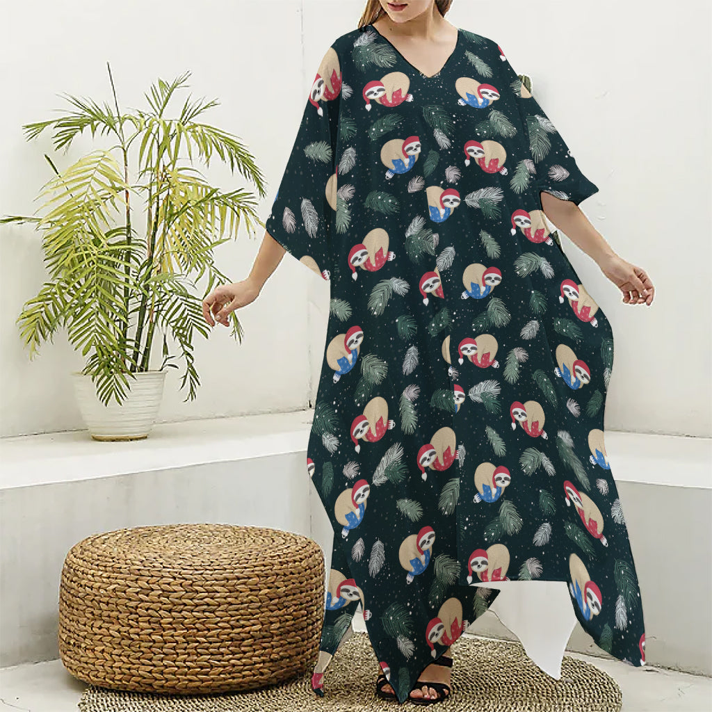 Christmas Sleeping Sloths Pattern Print Silk V-Neck Kaftan Dress