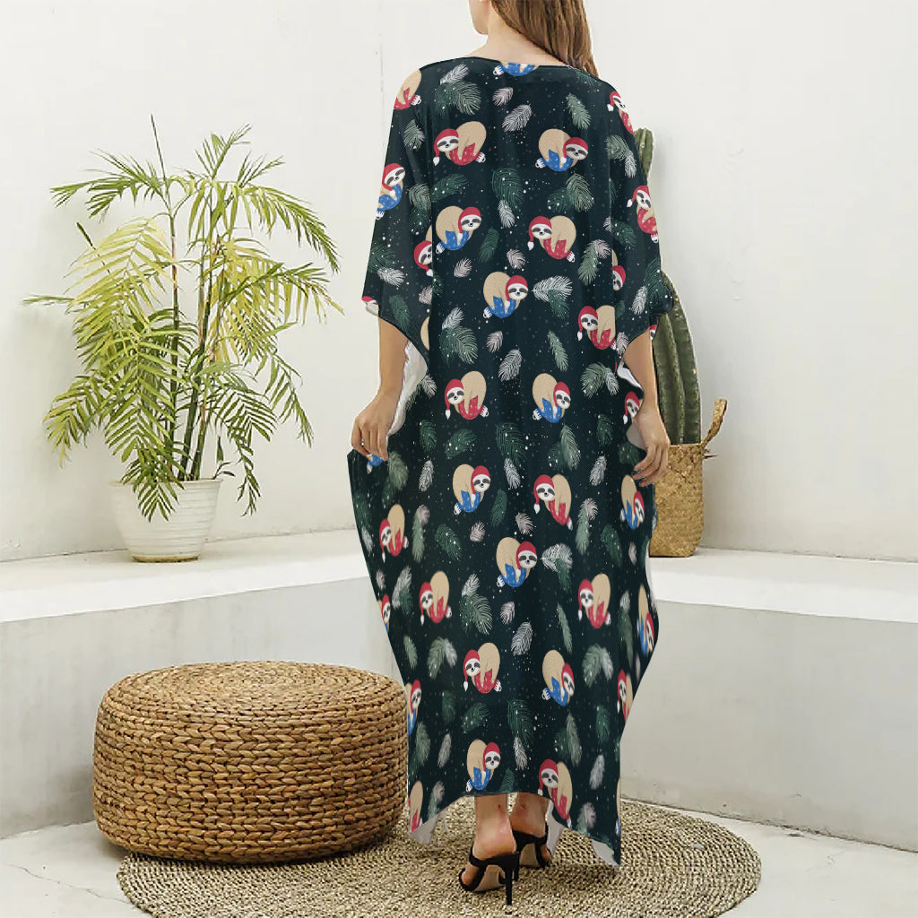 Christmas Sleeping Sloths Pattern Print Silk V-Neck Kaftan Dress