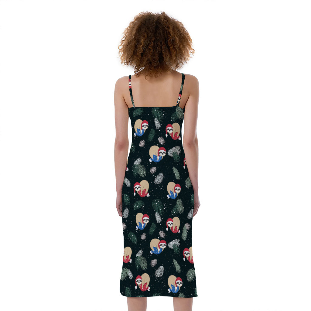 Christmas Sleeping Sloths Pattern Print Slim Fit Midi Cami Dress