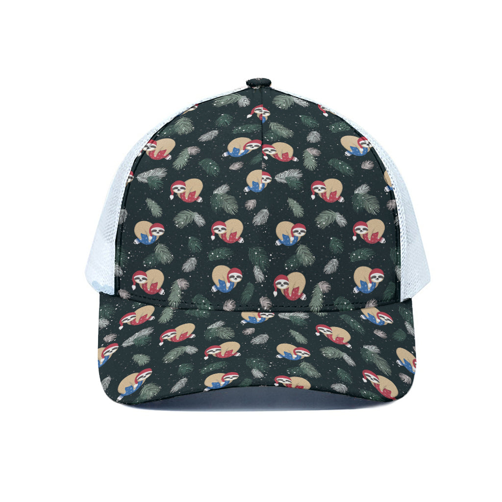 Christmas Sleeping Sloths Pattern Print White Mesh Trucker Cap