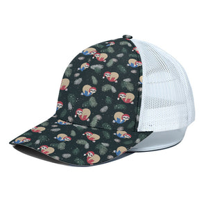 Christmas Sleeping Sloths Pattern Print White Mesh Trucker Cap