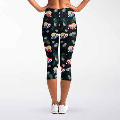 Christmas Sleeping Sloths Pattern Print Women's Capri Leggings