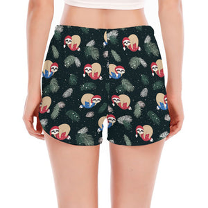 Christmas Sleeping Sloths Pattern Print Women's Split Running Shorts