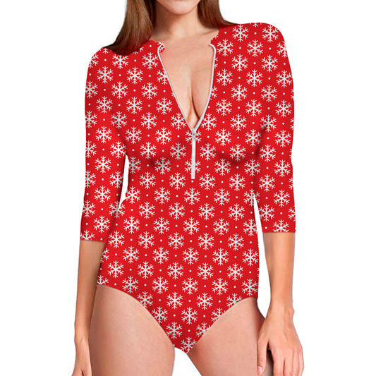 Christmas Snowflake Pattern Print Long Sleeve Swimsuit