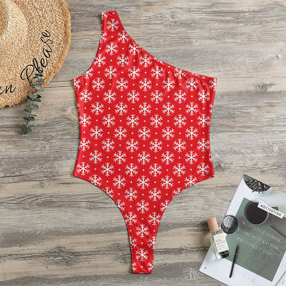 Christmas Snowflake Pattern Print One Shoulder Bodysuit