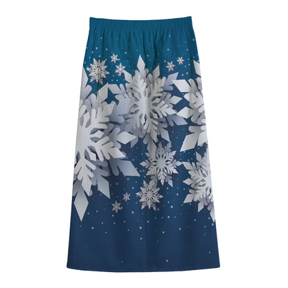 Christmas Snowflake Print Cotton Front Slit Maxi Skirt