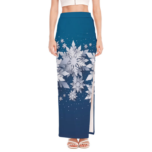 Christmas Snowflake Print High Slit Maxi Skirt