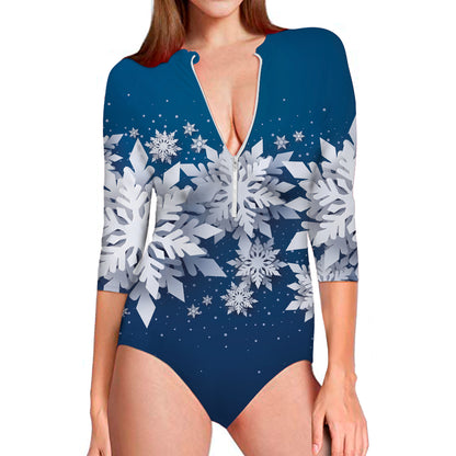 Christmas Snowflake Print Long Sleeve Swimsuit